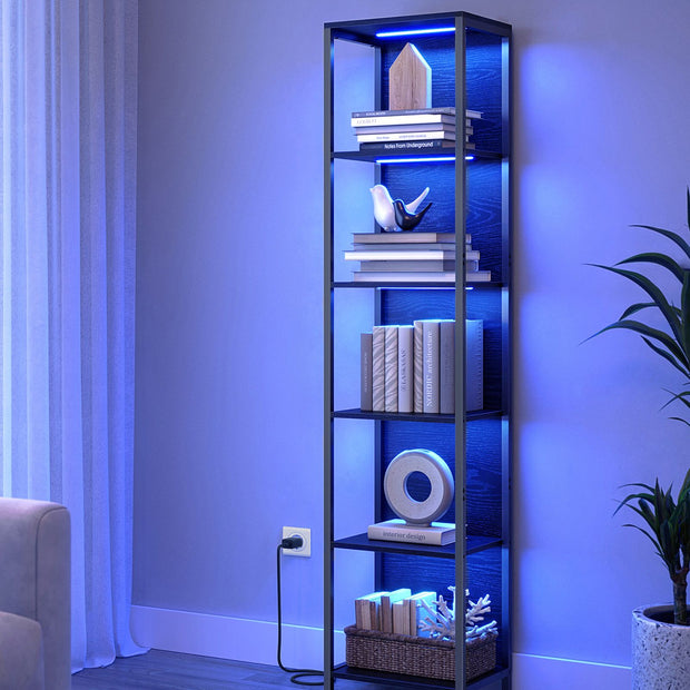 Boekenkast met LED-verlichting – 6 niveaus – zwart ebbenhout – 30,3 x 40 x 178,6 cm