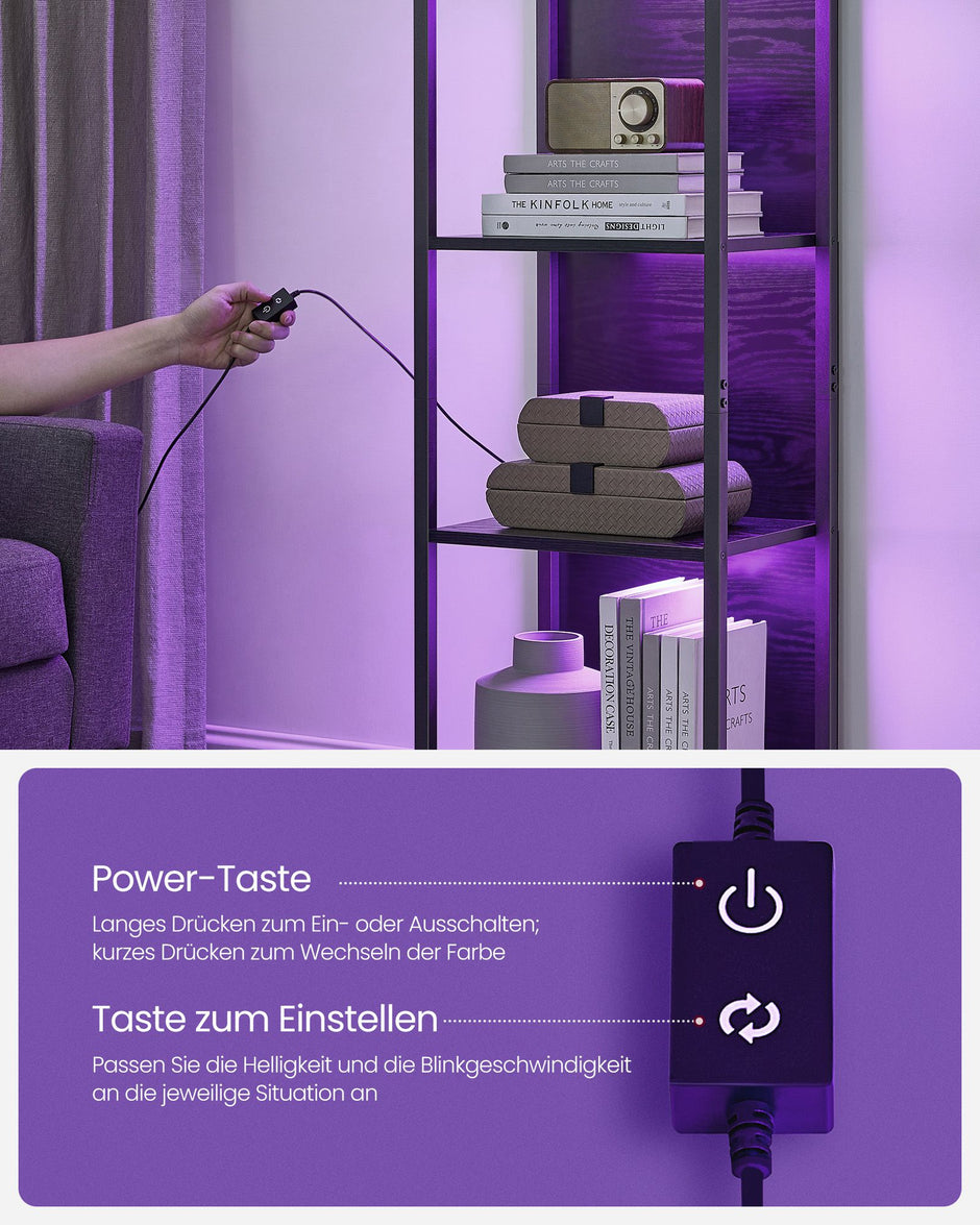 Boekenkast met LED-verlichting – 6 niveaus – zwart ebbenhout – 30,3 x 40 x 178,6 cm