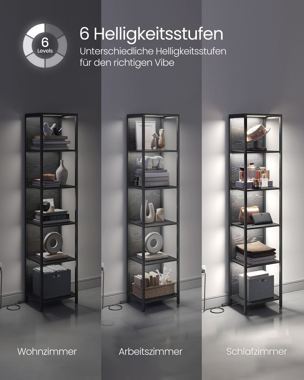 Boekenkast Met 6 Niveaus En Verlichting, 30 X 40 X 180 Cm