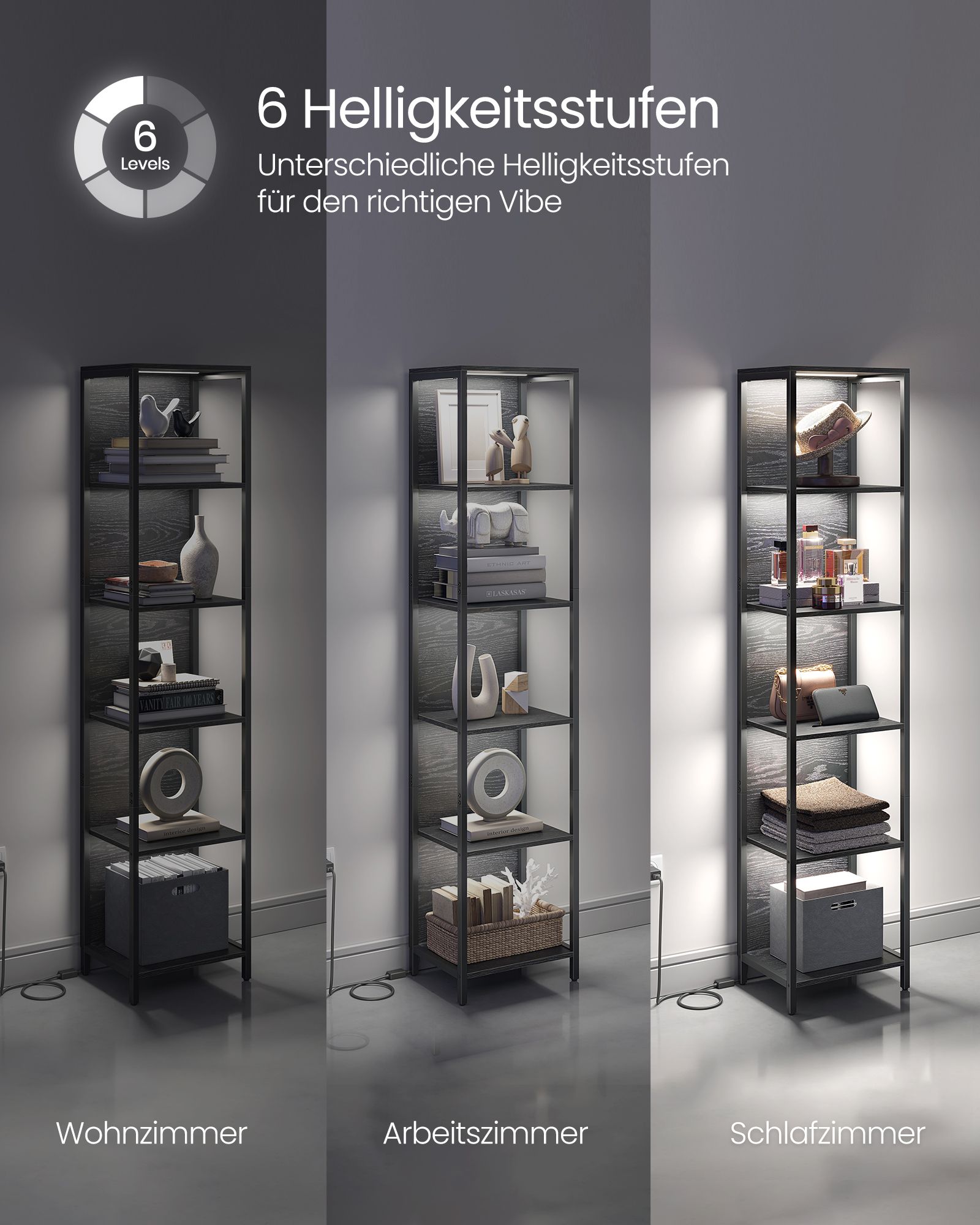 Boekenkast Met 6 Niveaus En Verlichting, 30 X 40 X 180 Cm