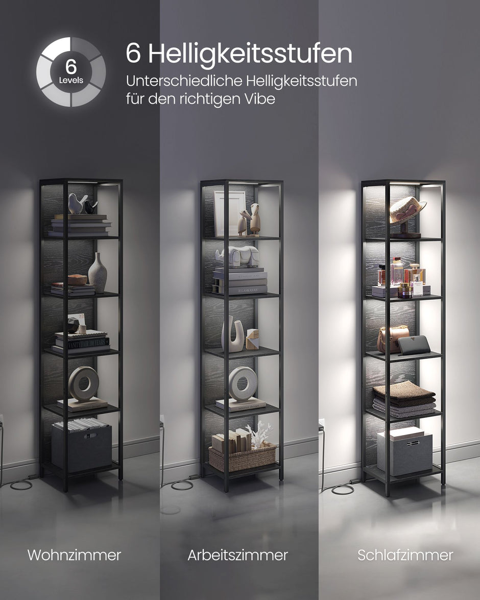 Boekenkast met LED-verlichting – 6 niveaus – zwart ebbenhout – 30,3 x 40 x 178,6 cm