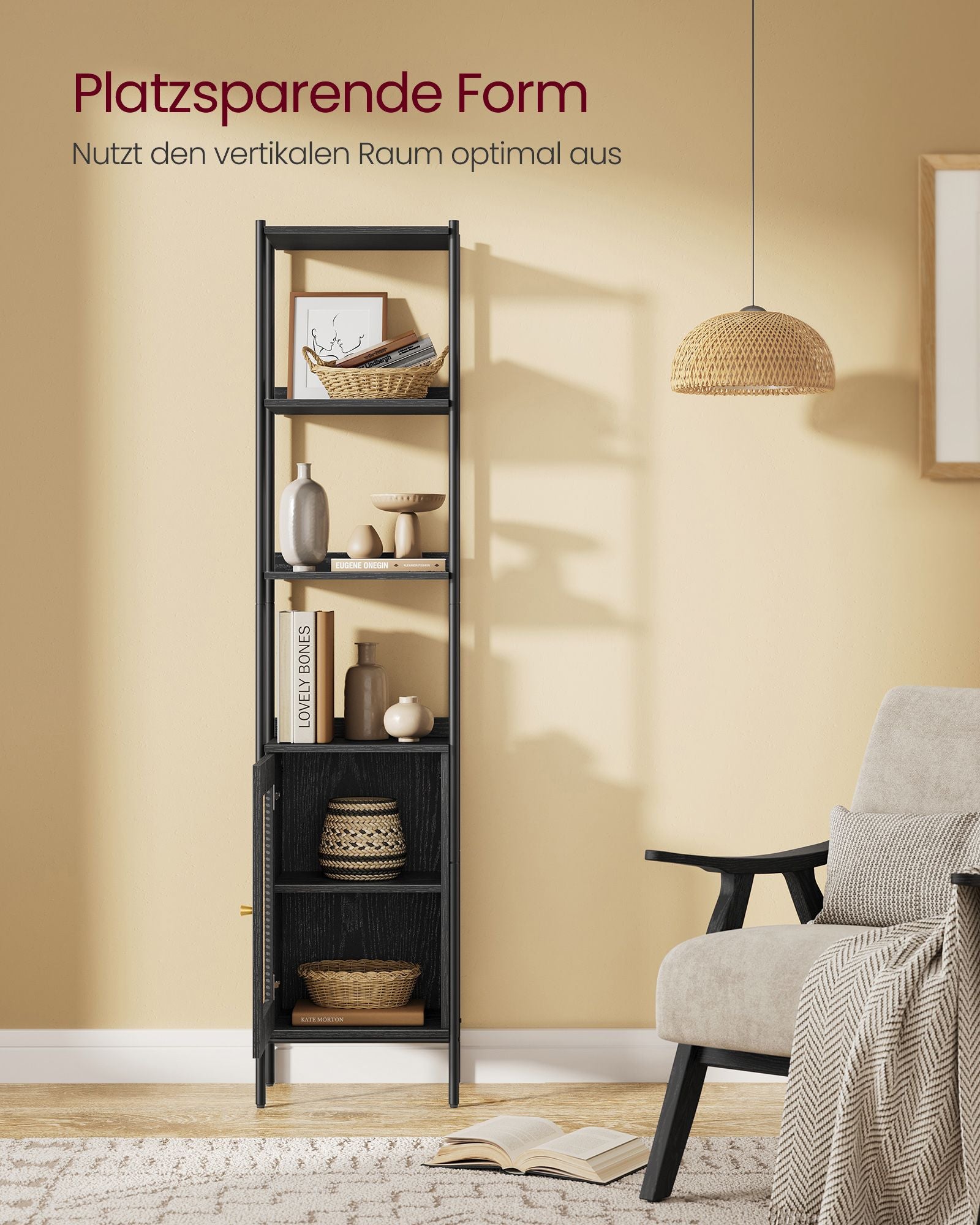 Boekenkast met rotanachtige kastdeur – 30 x 40 x 174,7 cm – Met kantelbeveiliging