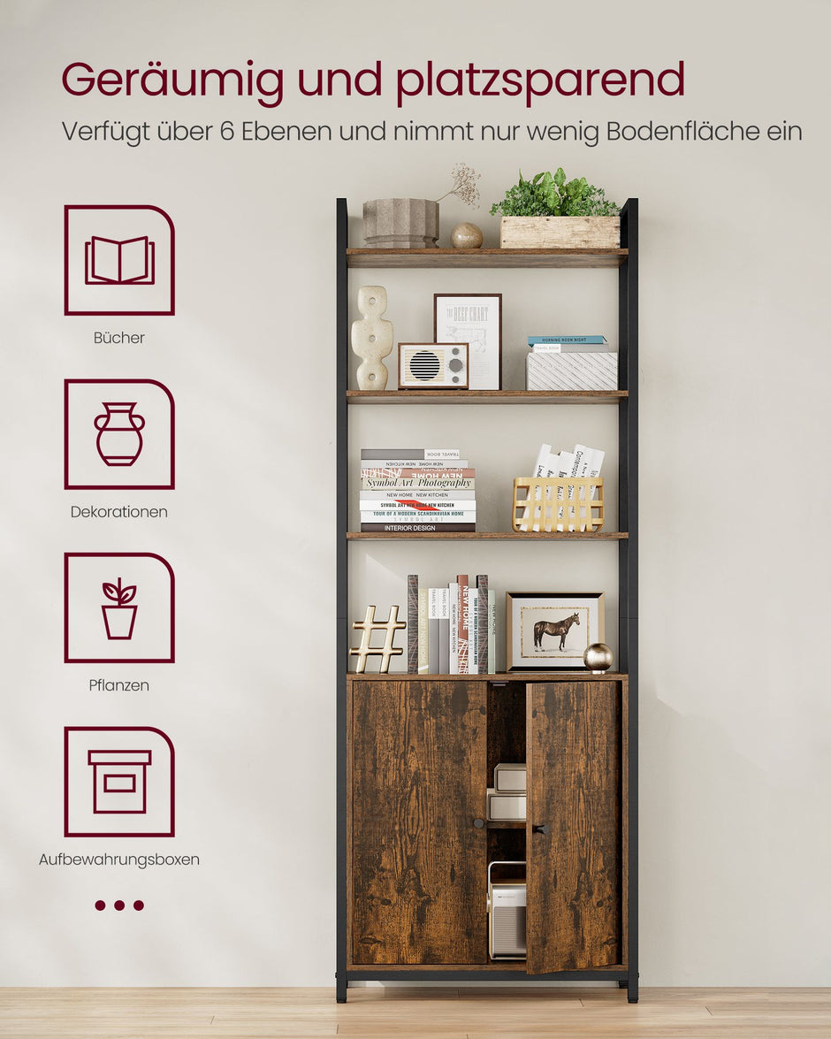 Boekenkast met verstelbare poten – Vintage design – 66 x 30 x 153 cm – Met kantelbeveiliging