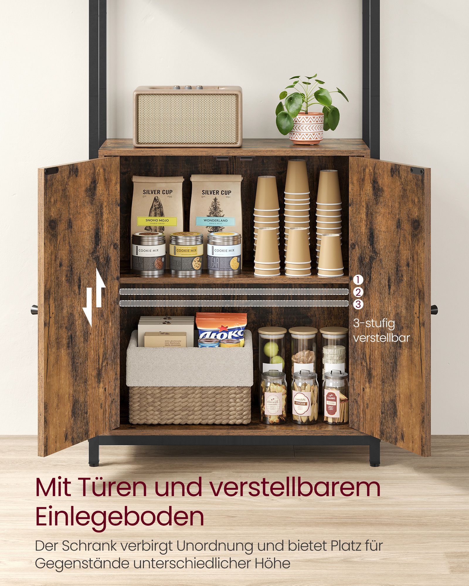 Boekenkast met verstelbare poten – Vintage design – 66 x 30 x 153 cm – Met kantelbeveiliging