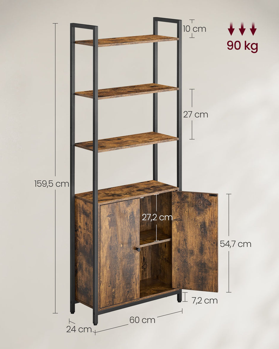Boekenkast met verstelbare poten – Vintage design – 66 x 30 x 153 cm – Met kantelbeveiliging