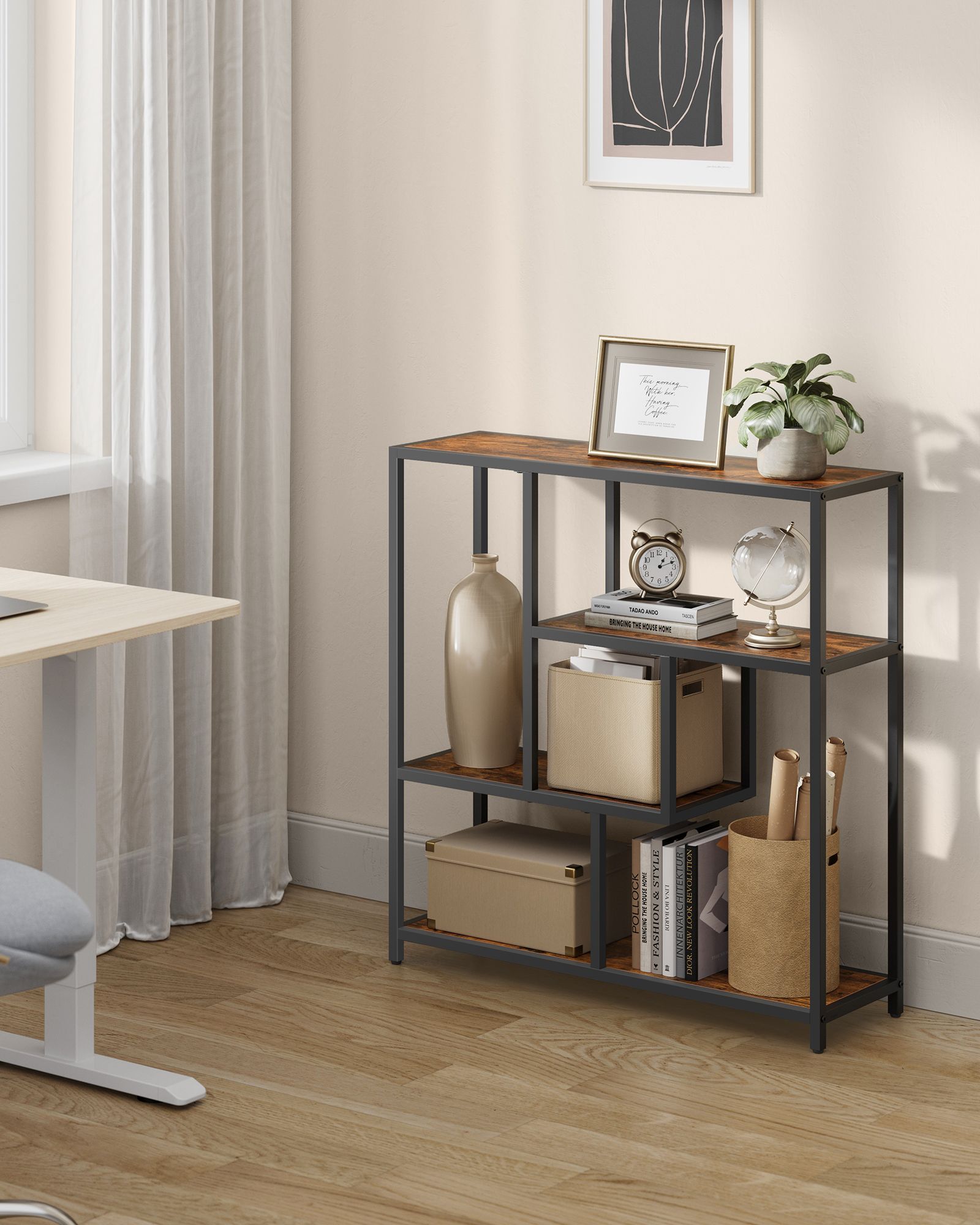 Boekenkast Met 4 Planken Vintage Bruin-Inktzwart