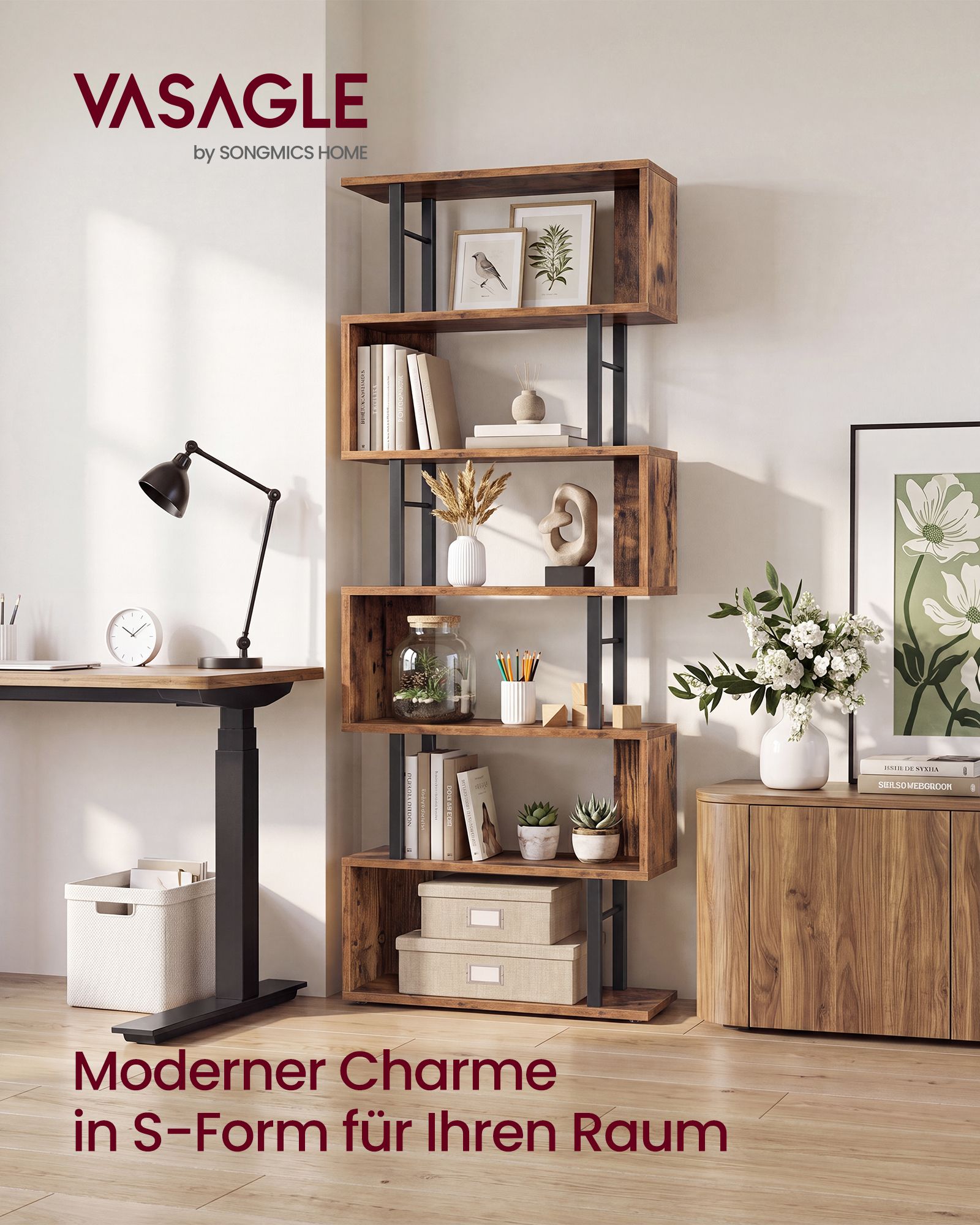 Boekenkast - S-vormige Roomdivider met 7 Ebenen - Rustiek bruin en matzwart - 60 x 24 x 190,5 cm