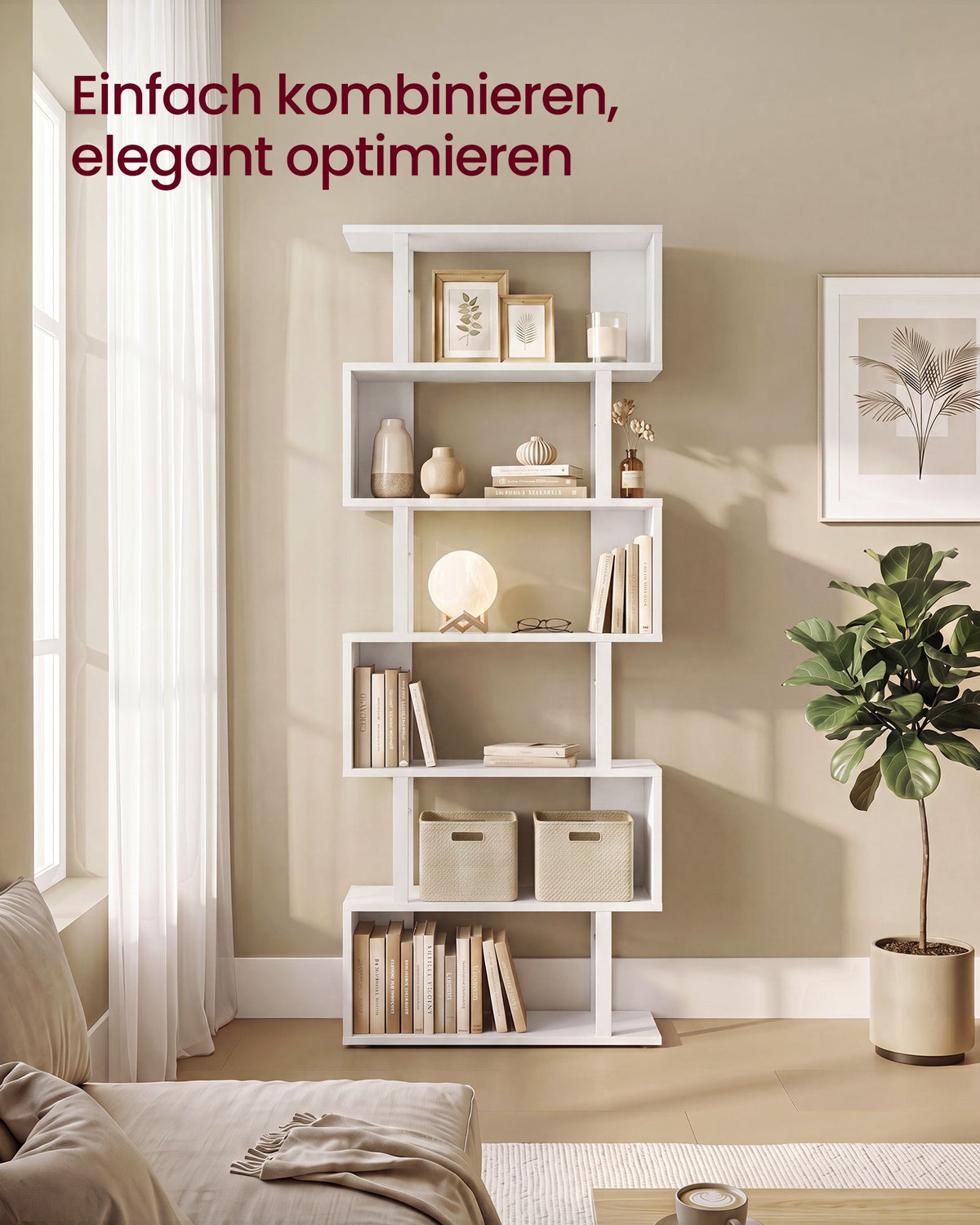 Boekenkast - S-vormige Roomdivider met 7 Ebenen - Wit en matzwart - 60 x 24 x 190,5 cm