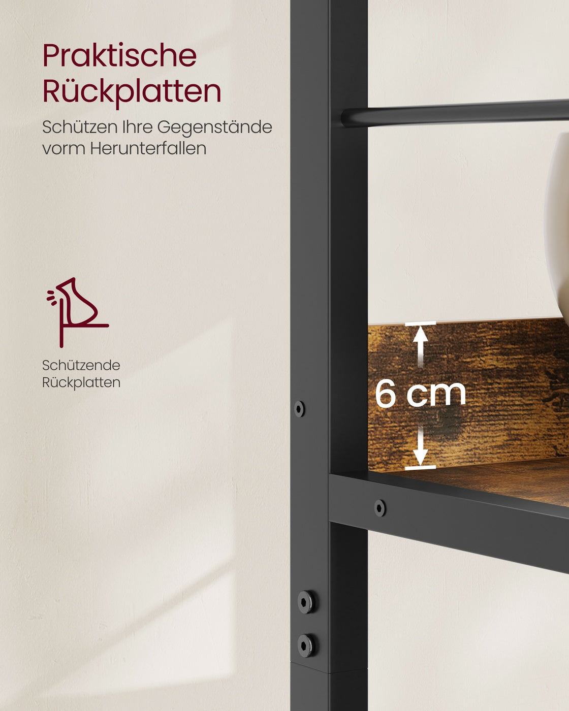 Plank - 30 x 60 x 114 cm - 6 vakken - vintage bruin/inktzwart - 45 kg maximale belasting
