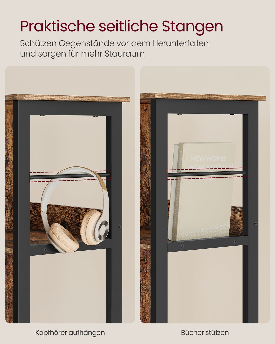 Plank - 30 x 60 x 114 cm - 6 vakken - vintage bruin/inktzwart - 45 kg maximale belasting