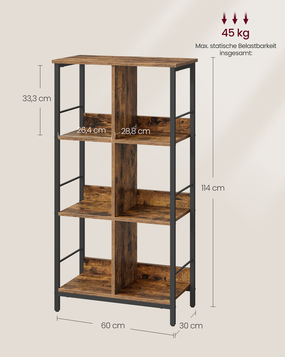 Plank - 30 x 60 x 114 cm - 6 vakken - vintage bruin/inktzwart - 45 kg maximale belasting