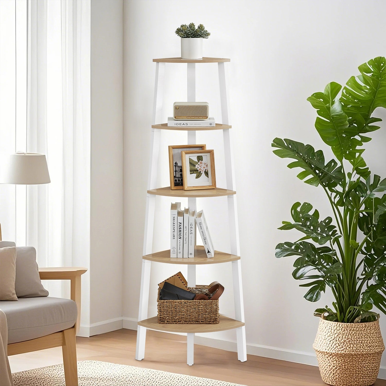 Boekenkast met 5 lagen – Industrieel design, naturel eiken en mat wit