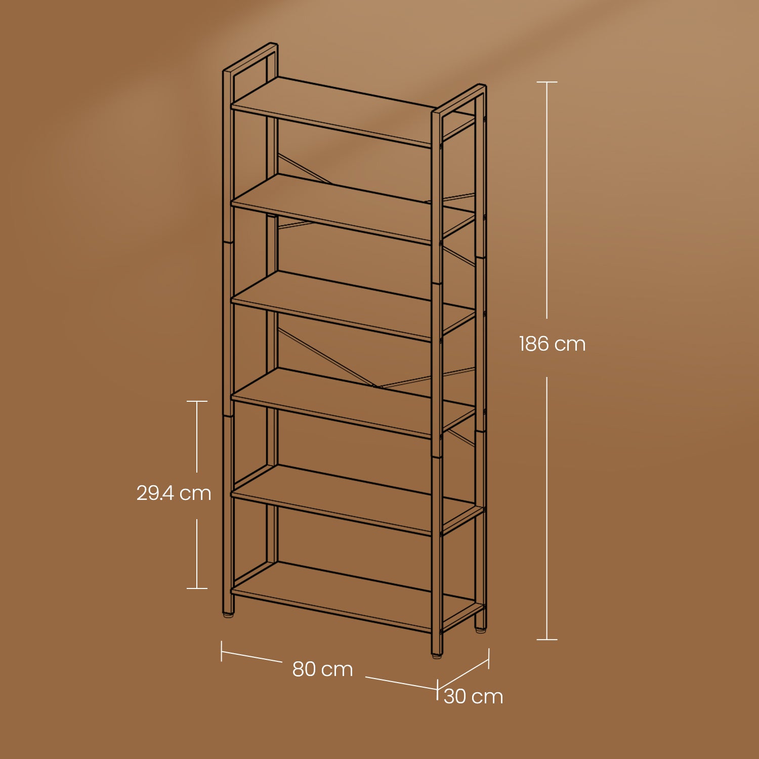 Boekenkast 6 niveaus, staande plank met stalen frame, vrijstaande plank
