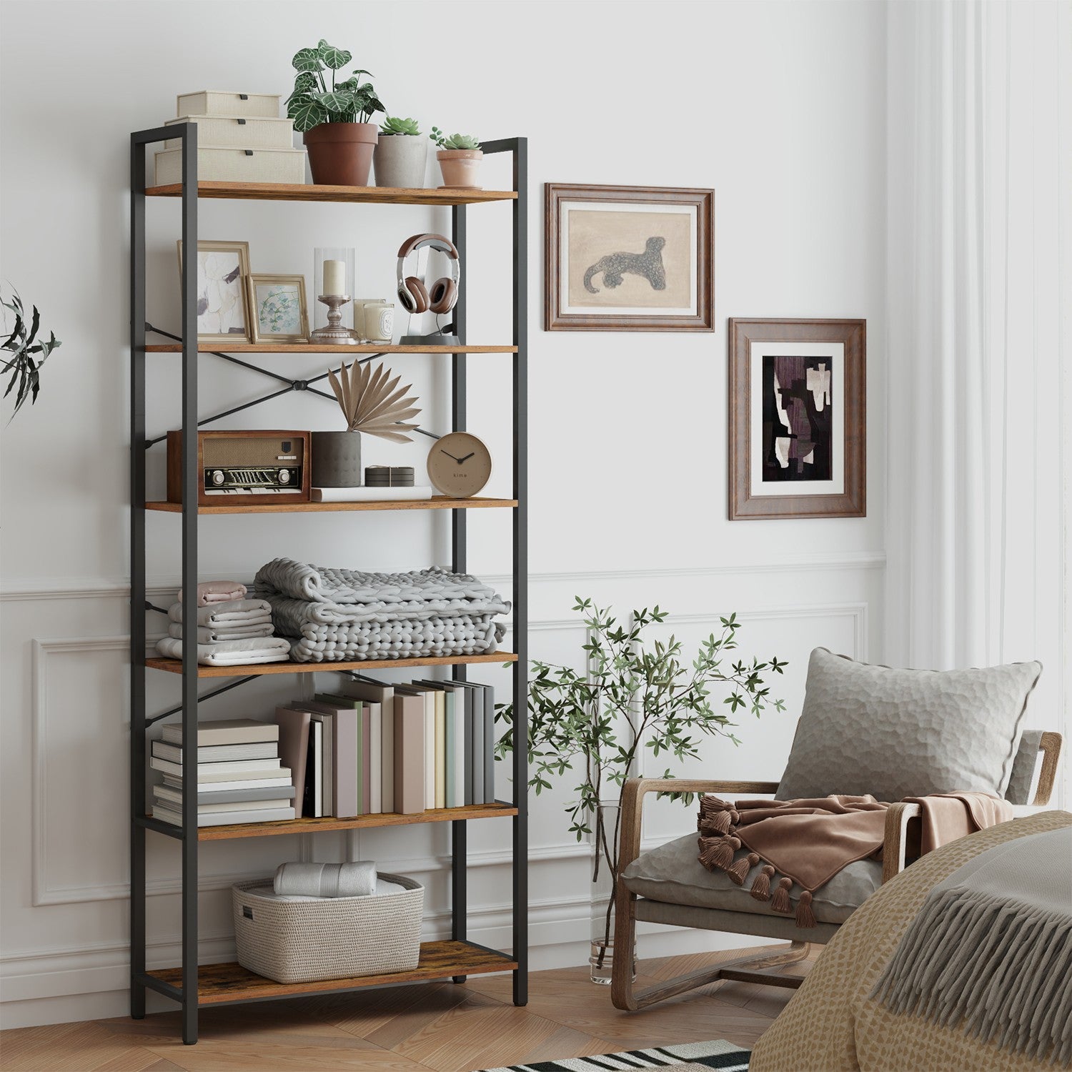 Boekenkast 6 niveaus, staande plank met stalen frame, vrijstaande plank