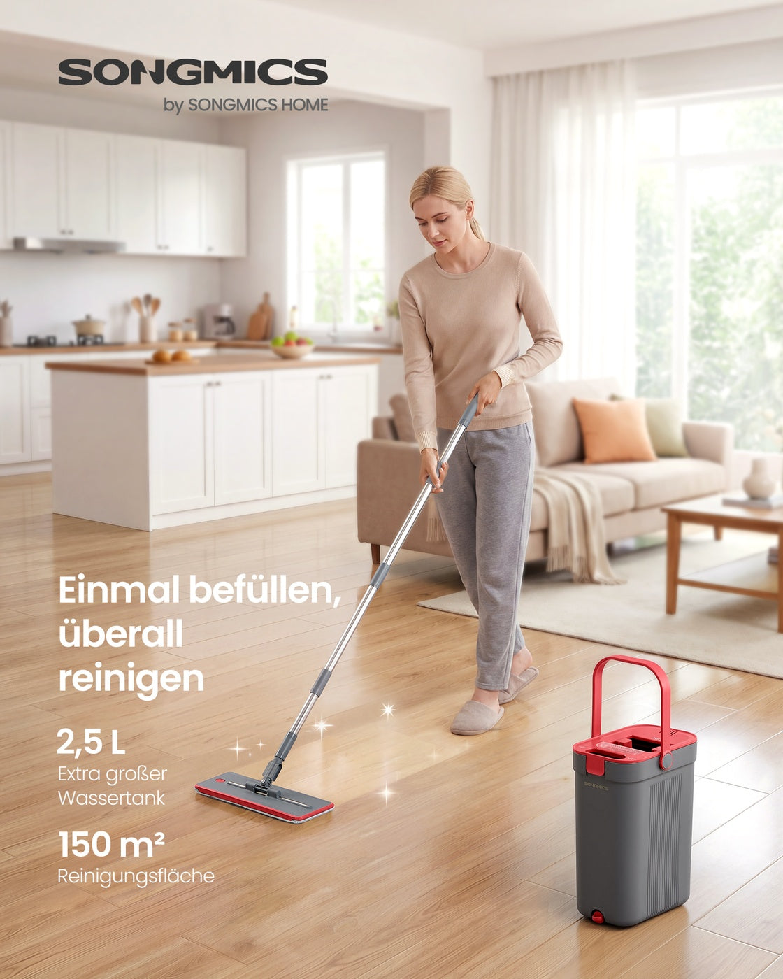 Dweilset met Emmer - 1 Microvezelhoes - Gescheiden Waterkamers - Grijs-Rood