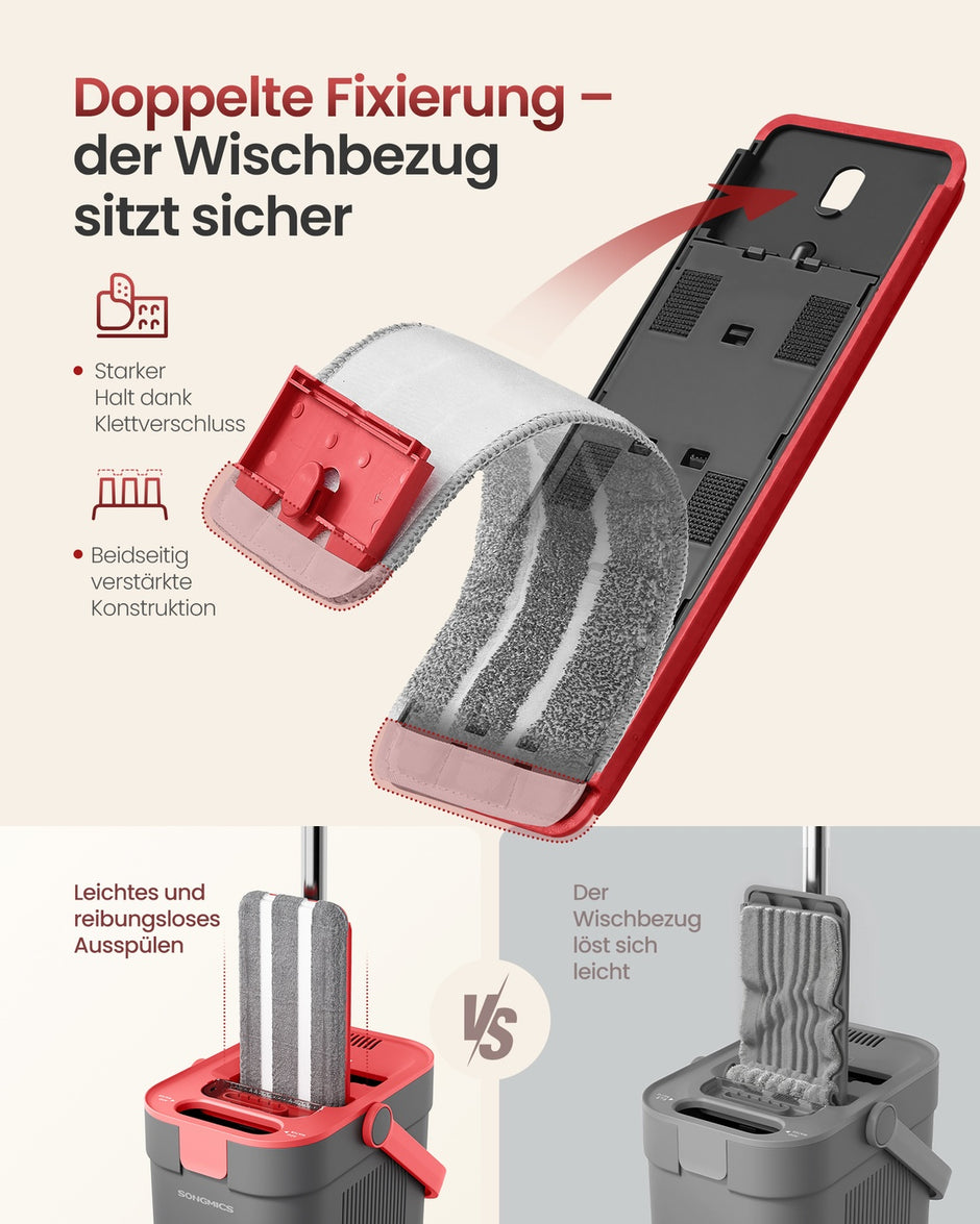 Dweilset met Emmer - 1 Microvezelhoes - Gescheiden Waterkamers - Grijs-Rood