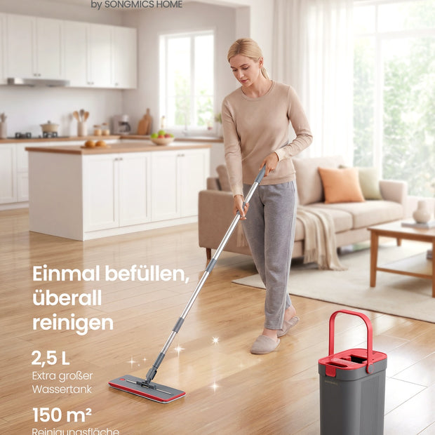 Dweilset met Emmer - 4 Microvezelhoezen - Gescheiden Waterkamers - Grijs-Rood
