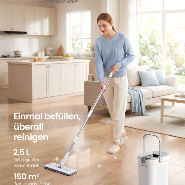 Dweilset met Emmer - 4 Microvezelhoezen - Gescheiden Waterkamers - Wit-Grijs