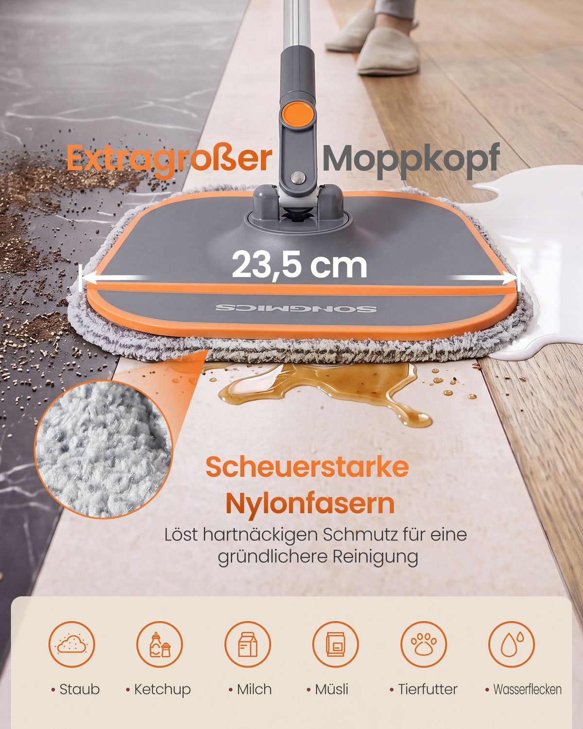 Vlakke Mop met Emmer – Vuilwaterscheiding – 3,5 L – 360° Draaibaar – Met 2 Moppads – Oranje en Grijs