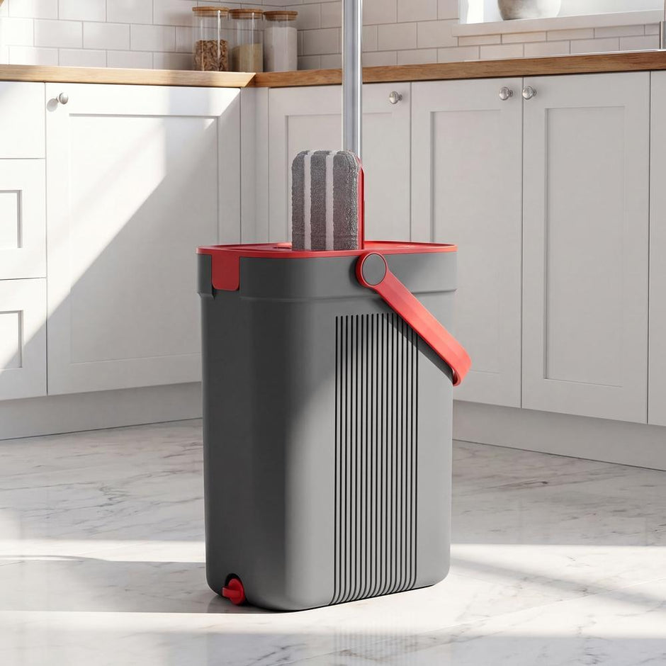 Dweilset met Emmer - 3 Microvezelhoezen - Gescheiden Waterkamers - Grijs-Rood