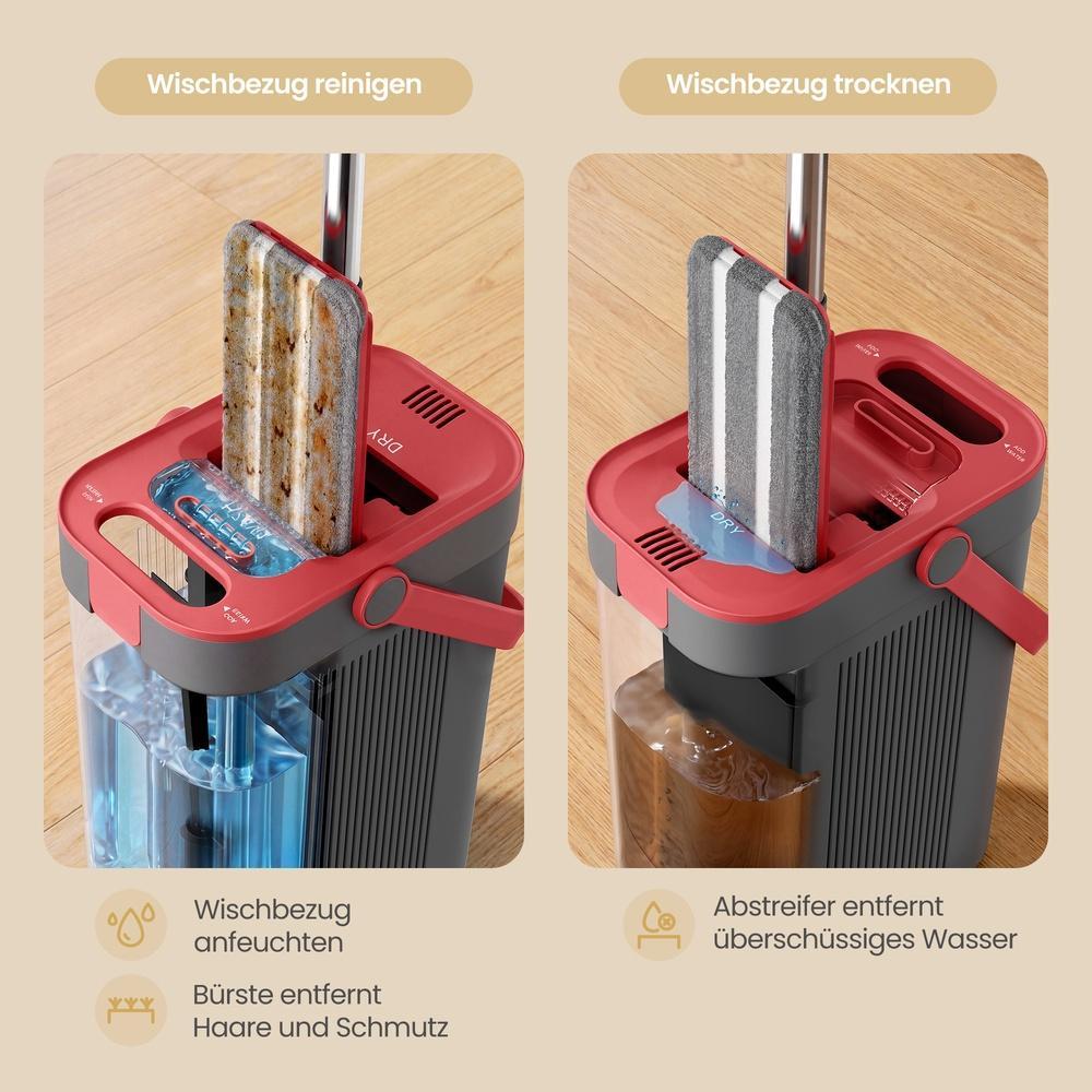 Dweilset met Emmer - 3 Microvezelhoezen - Gescheiden Waterkamers - Grijs-Rood