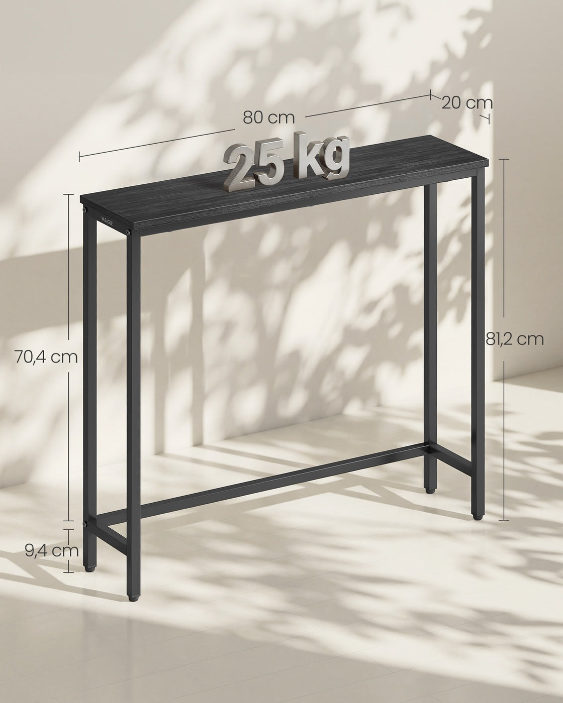 Consoletafel - 20 x 80 x 81,2 cm - tafelblad uit één stuk - eenvoudig te monteren - antracietgrijs met inktzwart - maximale belasting 25 kg