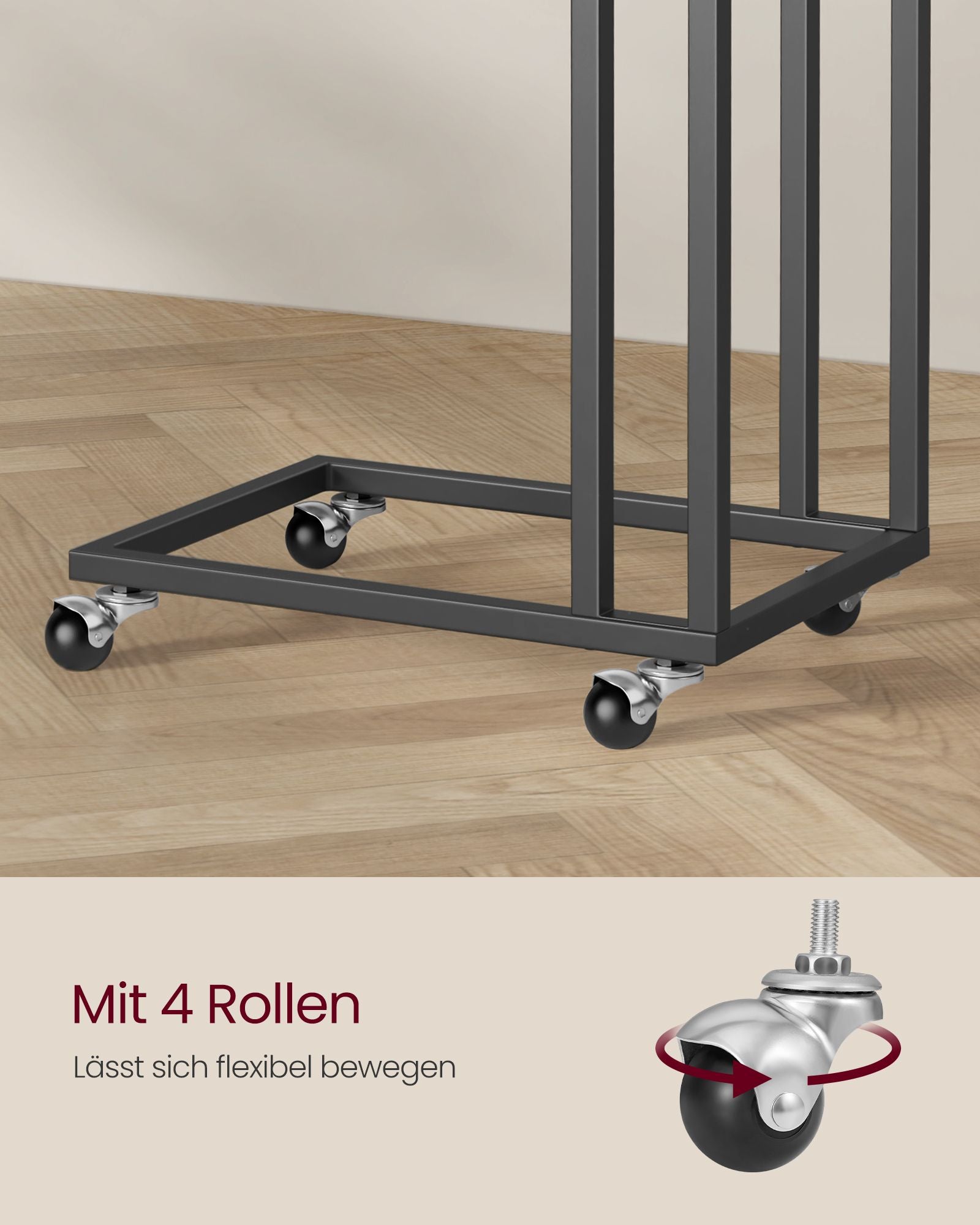 Nachtkastje – Beige bovenblad – Stalen frame – 25 kg draagvermogen – Mobiliteit met wieltjes
