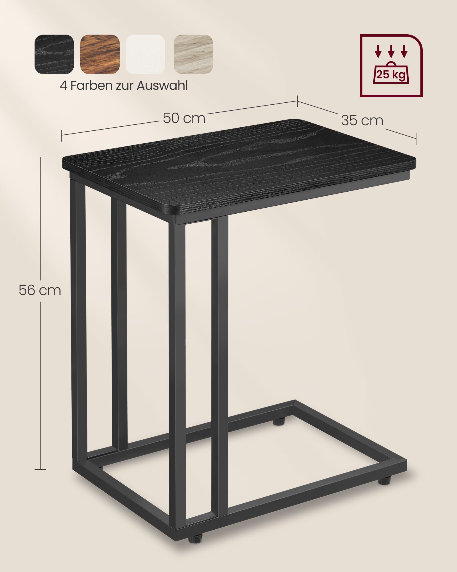 Bijzettafel – C-vorm – op wielen – ebbenhout zwart