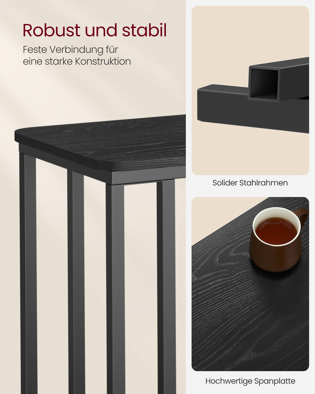 Bijzettafel – C-vorm – op wielen – ebbenhout zwart