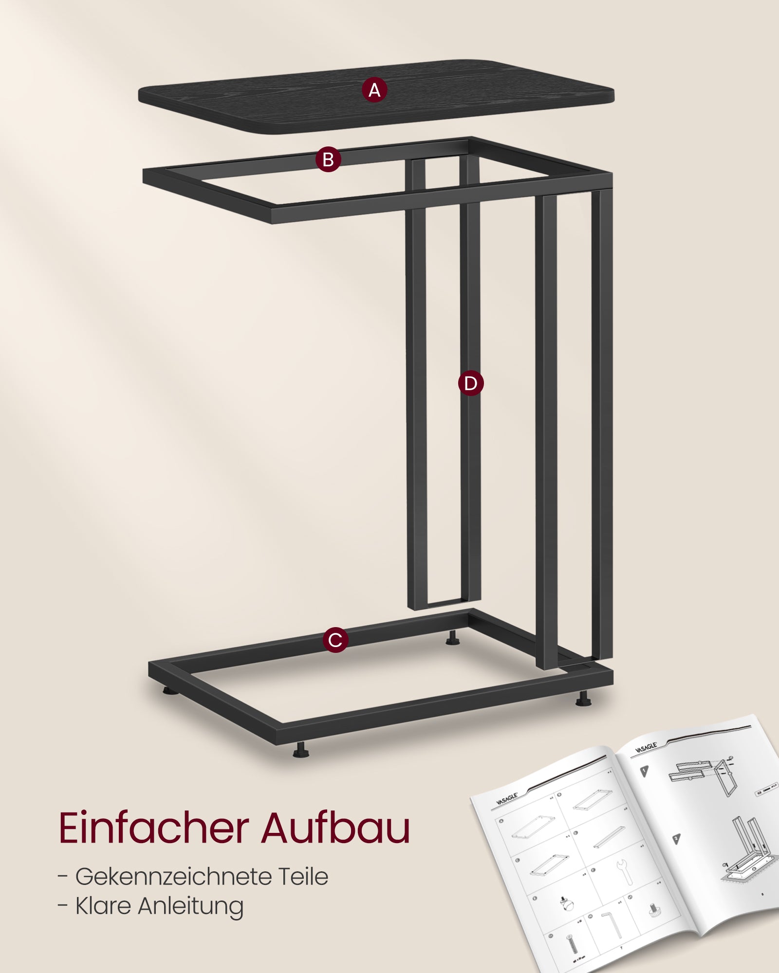 Bijzettafel – C-vorm – op wielen – ebbenhout zwart