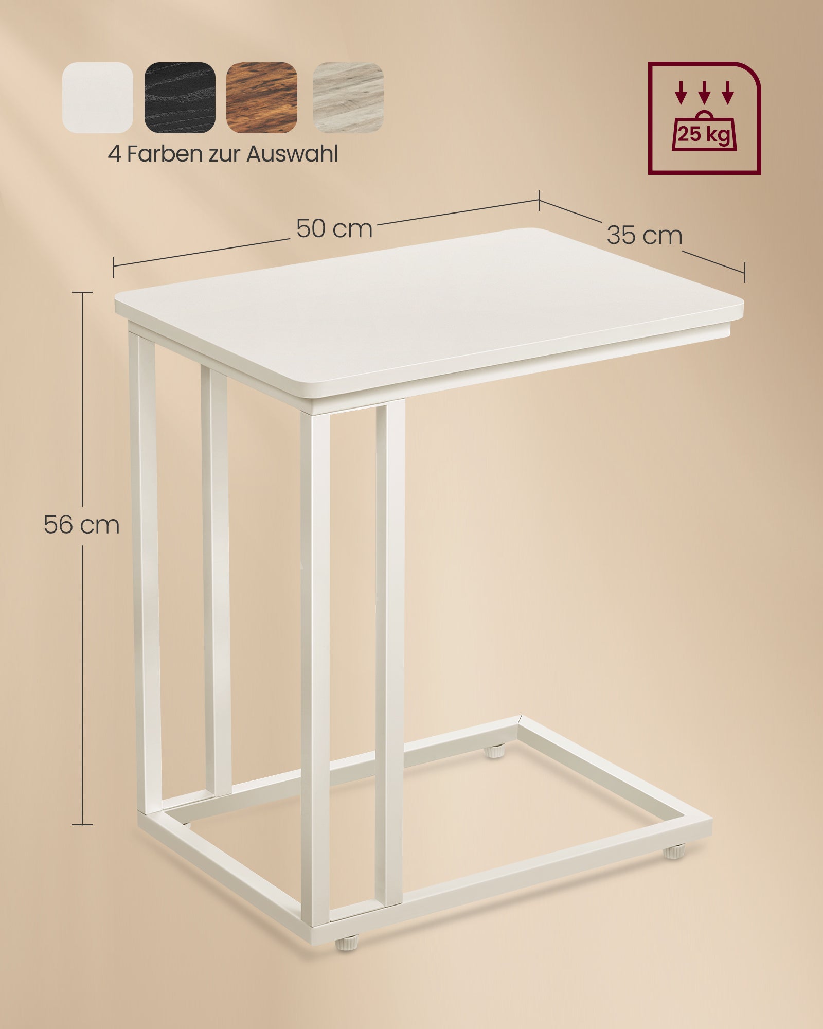 Bijzettafel – C-vorm – op wielen – crèmewit