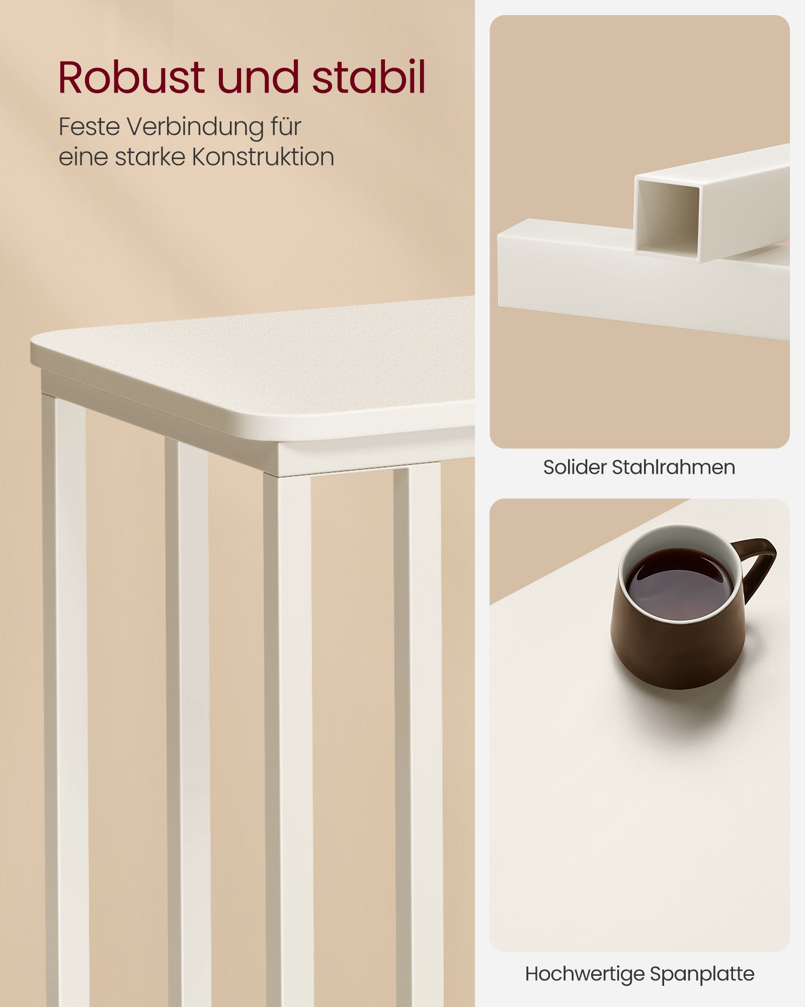 Bijzettafel – C-vorm – op wielen – crèmewit