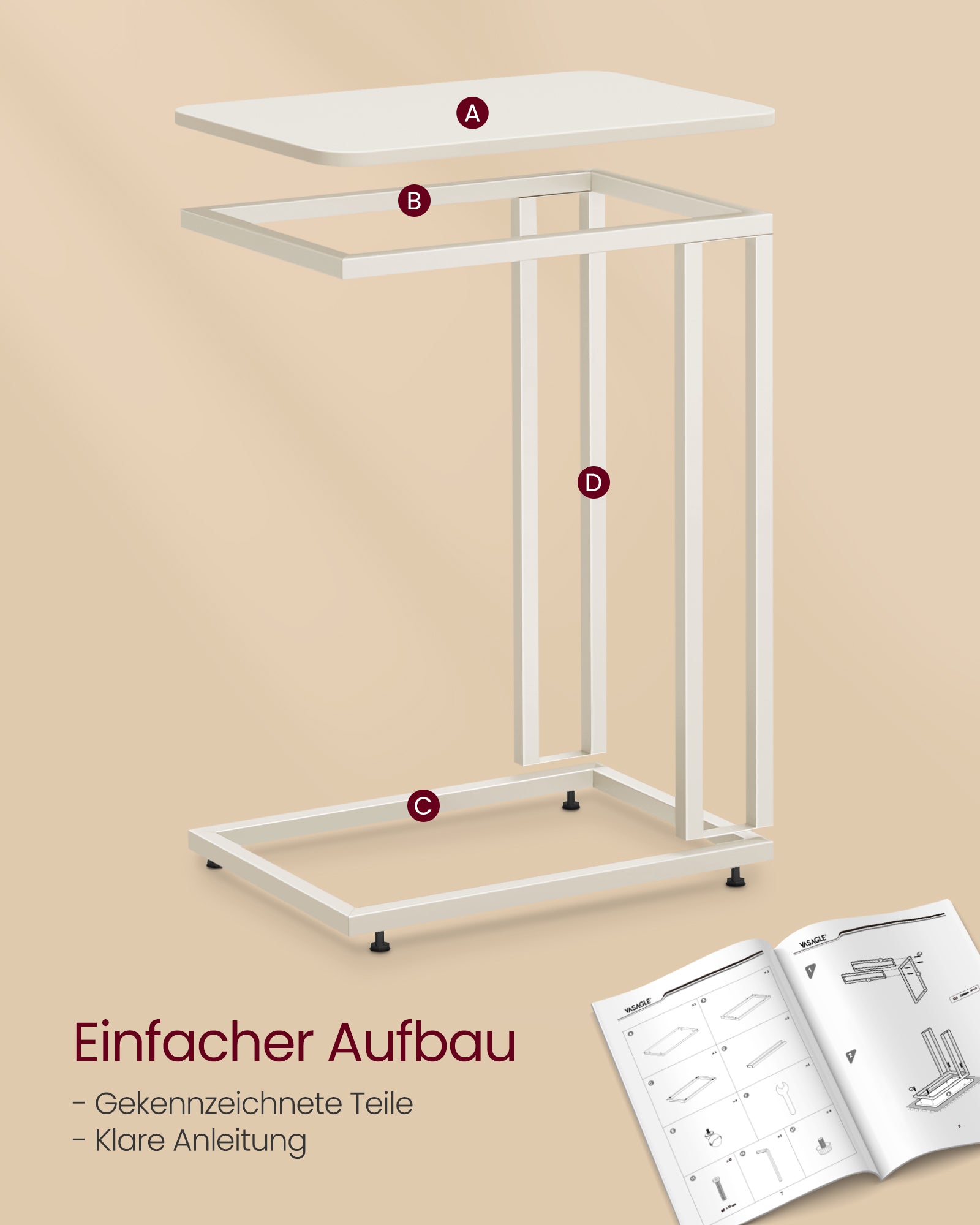 Bijzettafel – C-vorm – op wielen – crèmewit