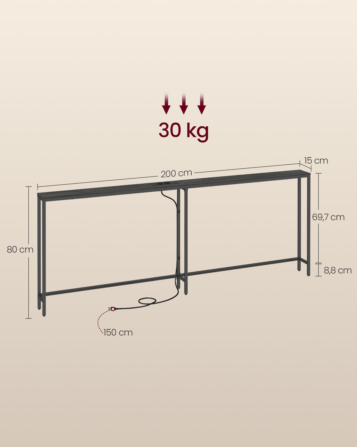 Sidetable met Laadstation – 2 Bladen – Smal – 200 x 15 x 80 cm – Zwart Houtlook