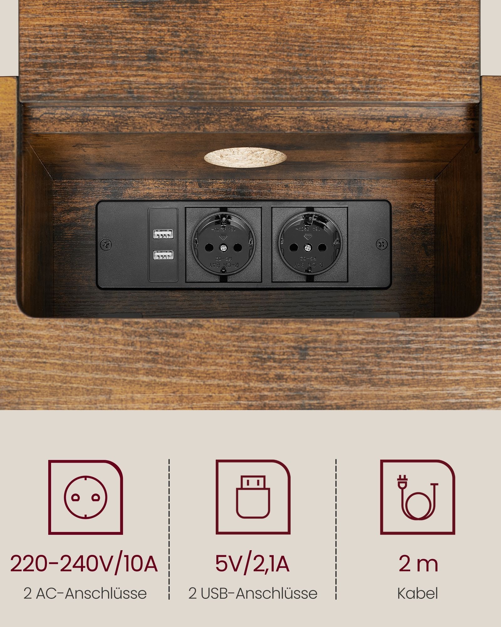 Consoletafel – met stopcontacten – ruimtebesparend – bruin-zwart