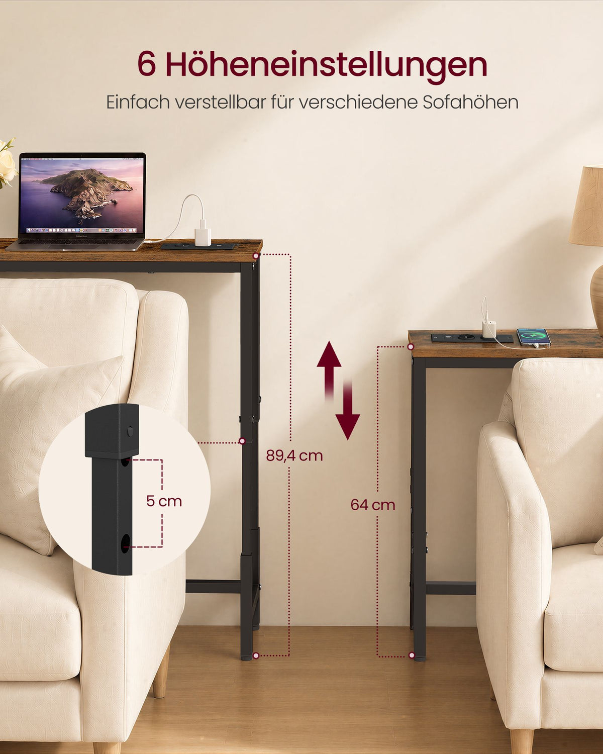Sidetable met Stopcontact – In Hoogte Verstelbaar – 160 cm – Smal – Rustiek Bruin en Zwart