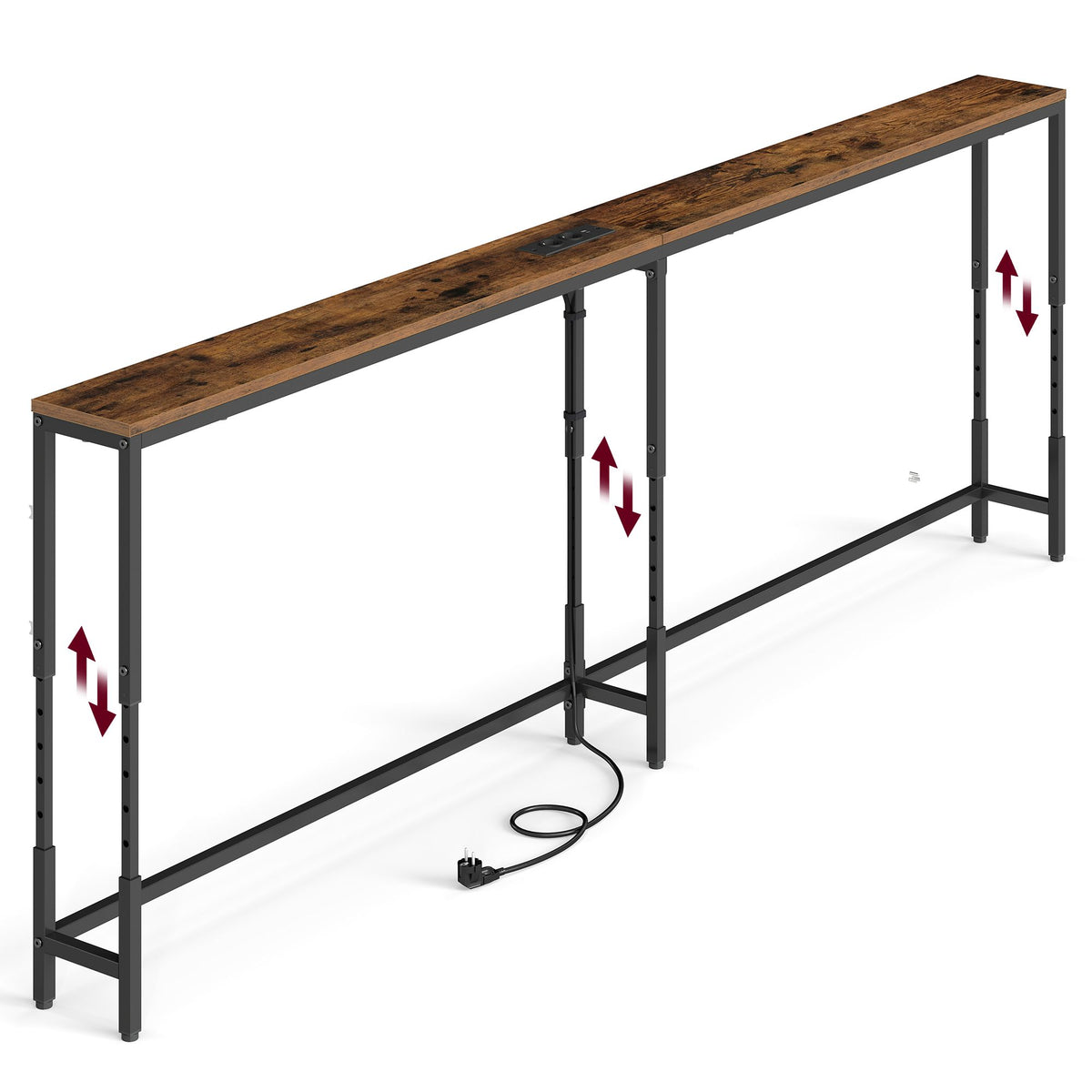 Sidetable met Stopcontact – In Hoogte Verstelbaar – 200 cm – Smal – Rustiek Bruin en Zwart