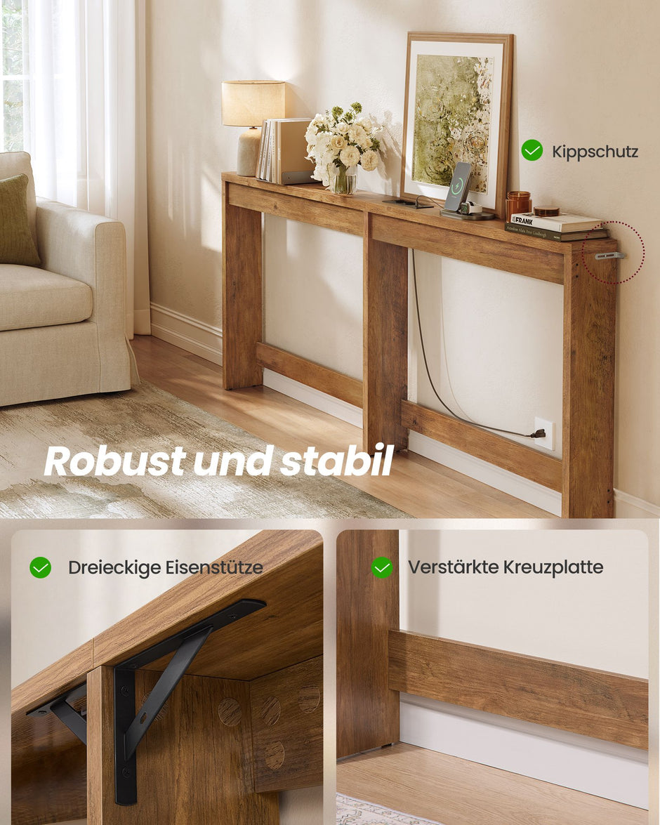 Smalle Sidetable – Met Stopcontacten – 200 x 15 cm – Achter de Bank – Honingbruin