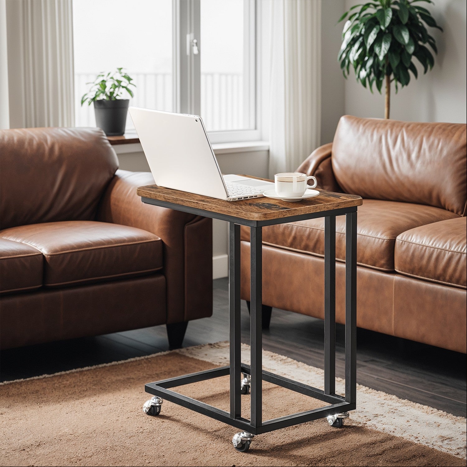 Bijzettafel op wielen – C-vormige salontafel, industrieel design