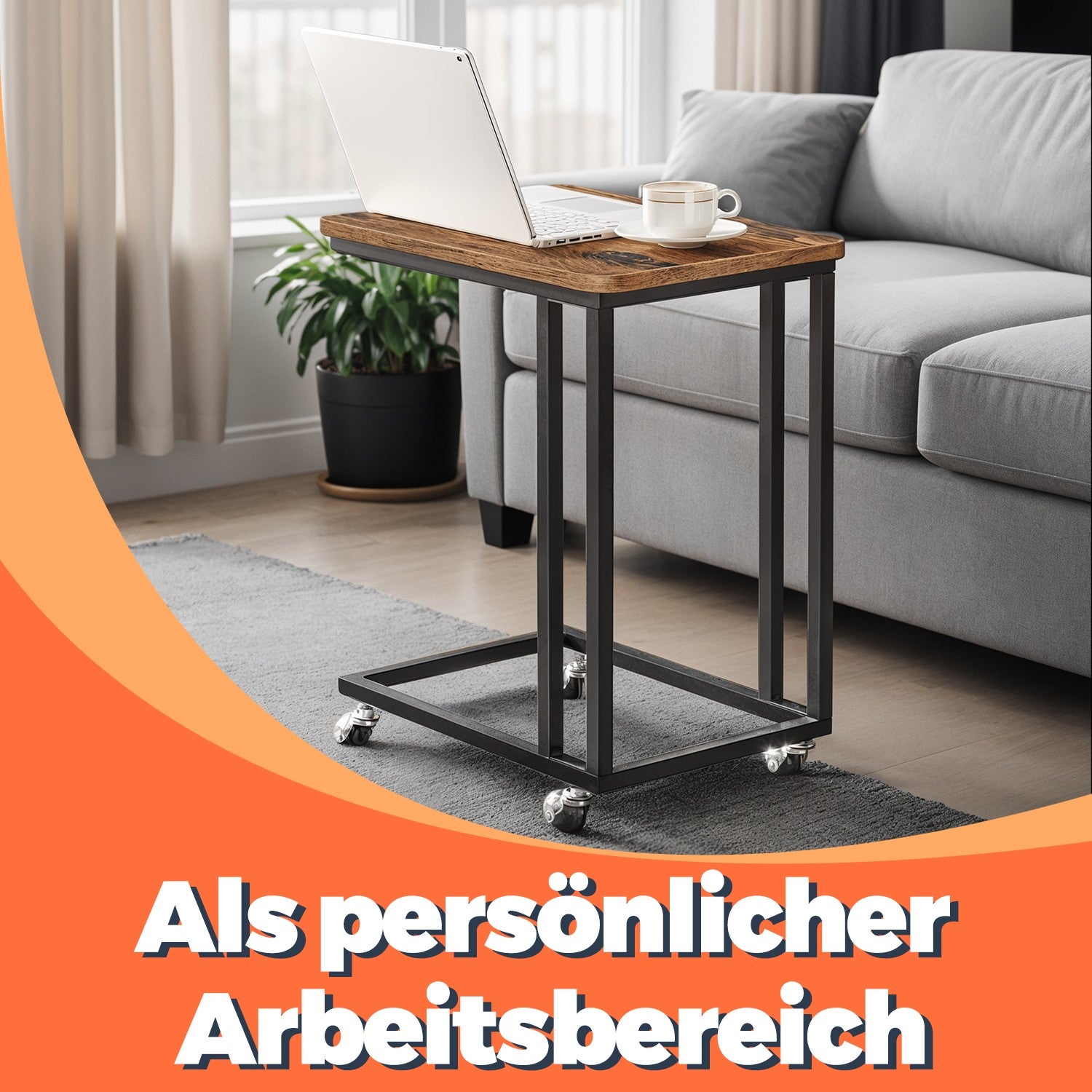 Bijzettafel op wielen – C-vormige salontafel, industrieel design
