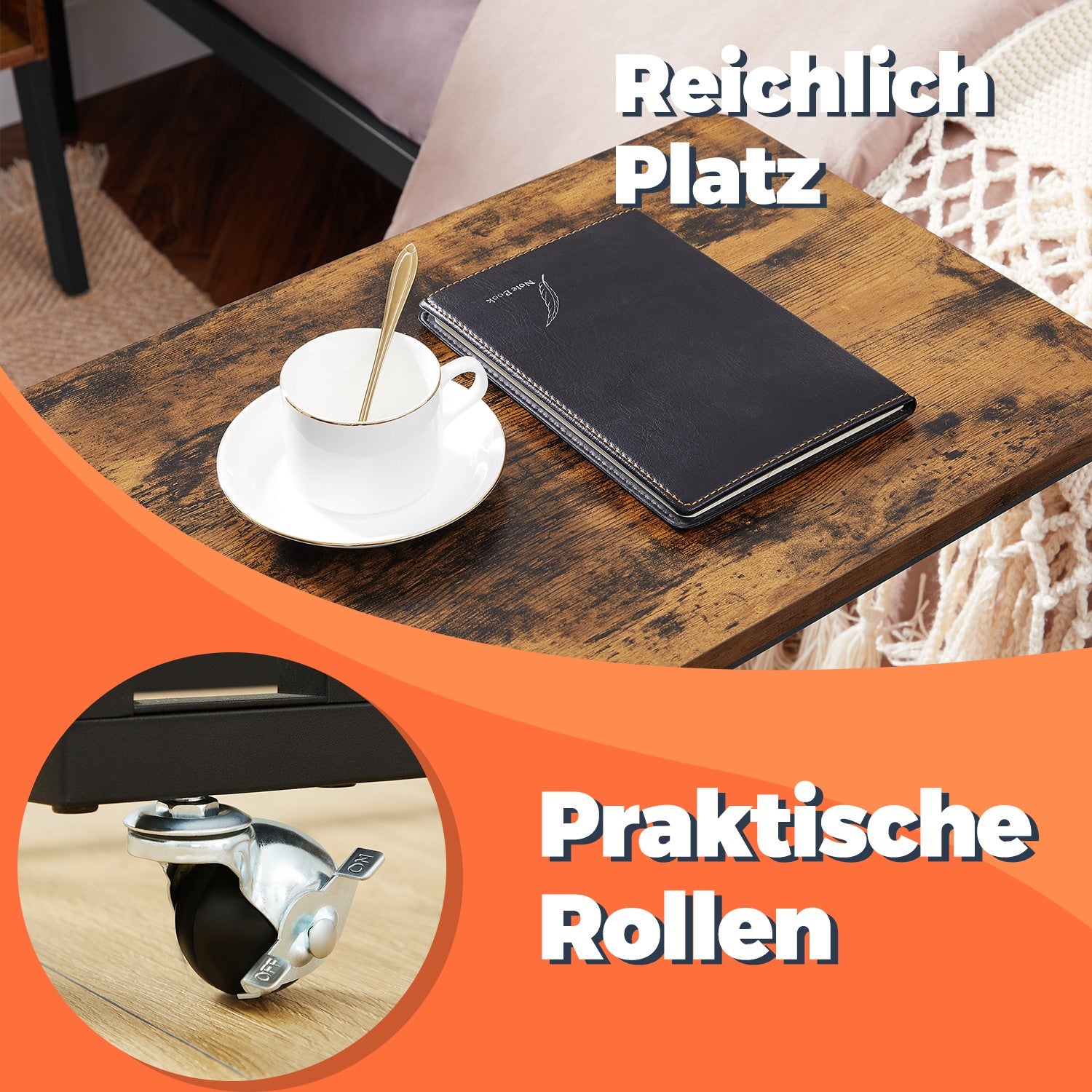 Bijzettafel op wielen – C-vormige salontafel, industrieel design
