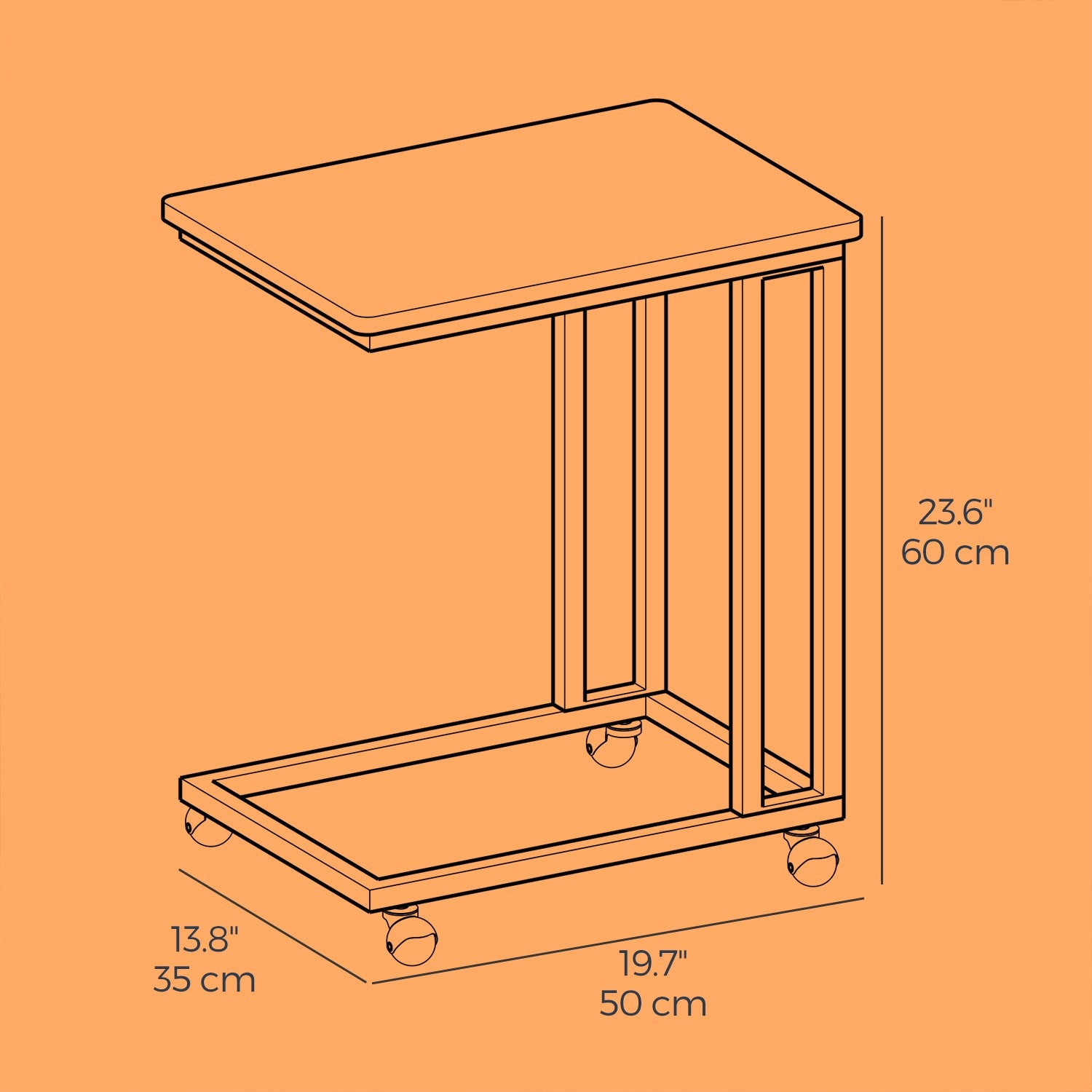 Bijzettafel op wielen – C-vormige salontafel, industrieel design