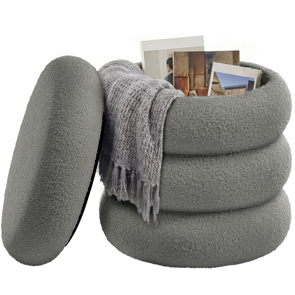 Ronde Poef met Opbergruimte – Teddyfleece – Afneembaar Deksel – Tot 150 kg – Leigrijs