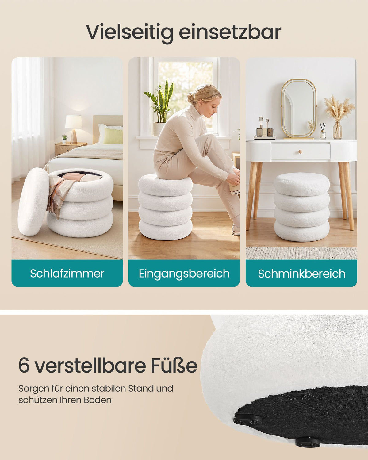 Ronde Poef met Opbergruimte – Pluche – Afneembaar Deksel – Tot 150 kg – Wit