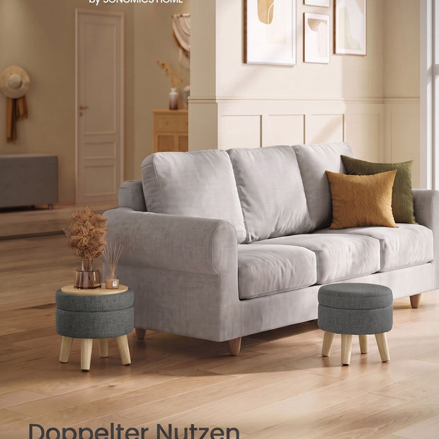 Poef met Opbergruimte – Rond – Linnenlook – Houten Poten – Leigrijs