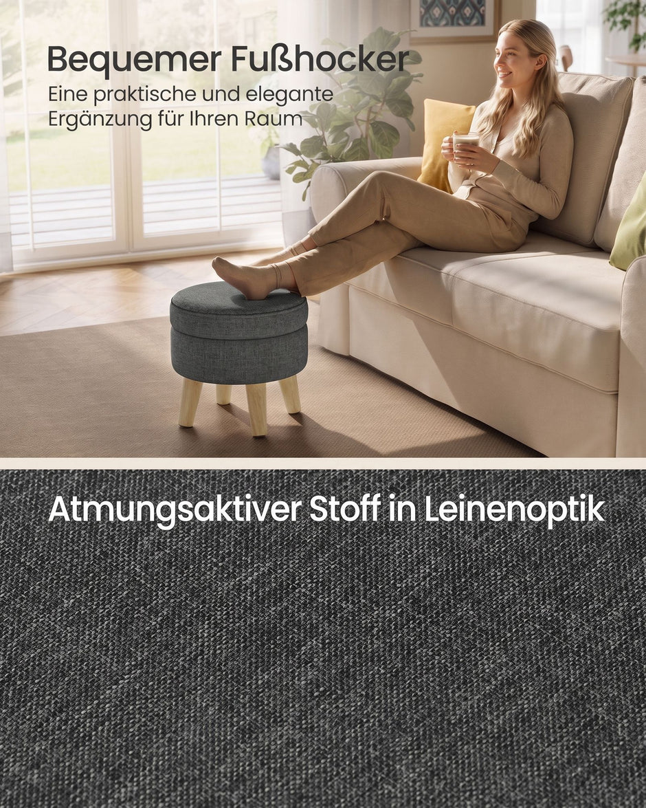 Poef met Opbergruimte – Rond – Linnenlook – Houten Poten – Leigrijs
