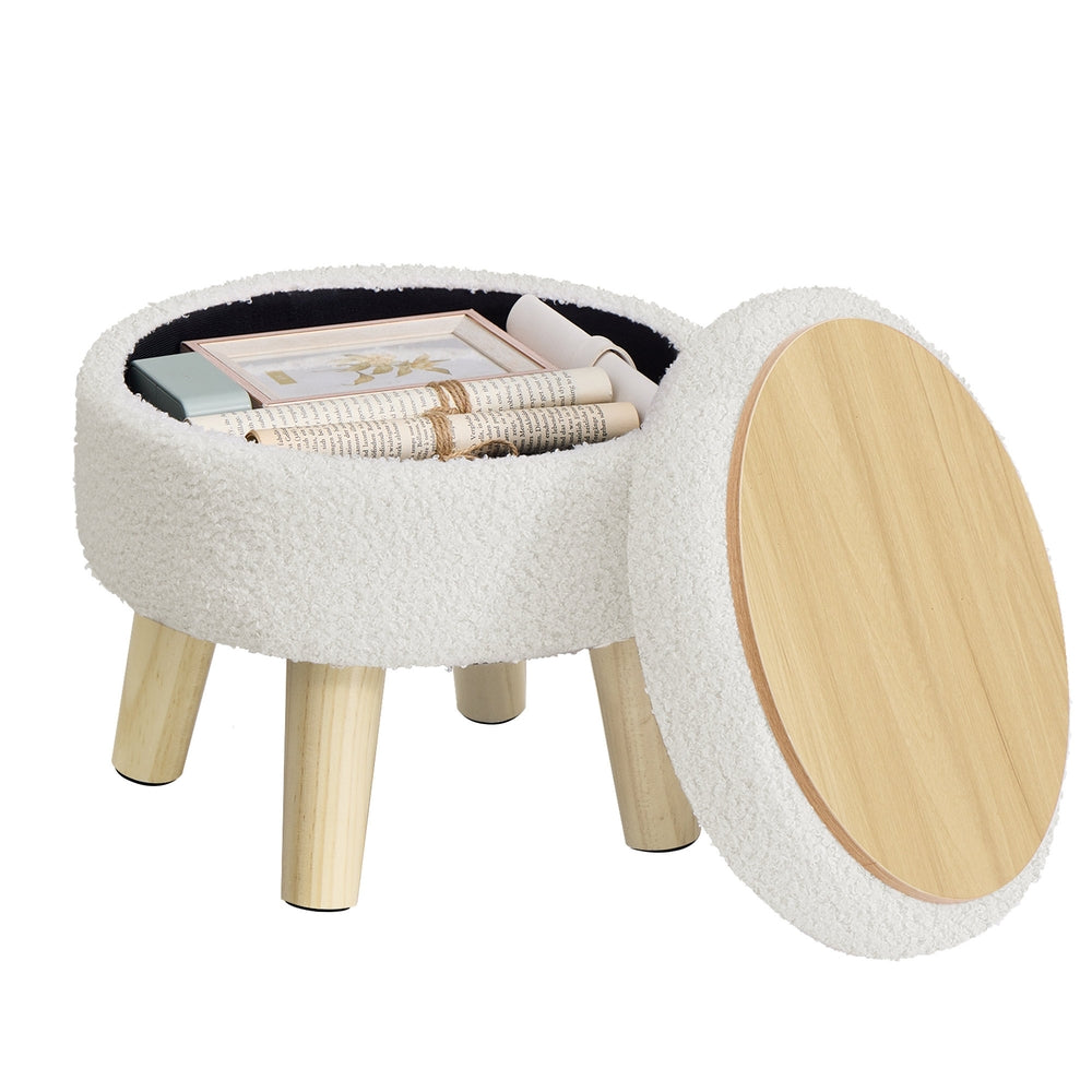 Poef met Opbergruimte – Rond – Teddy – Houten Poten – Crèmewit