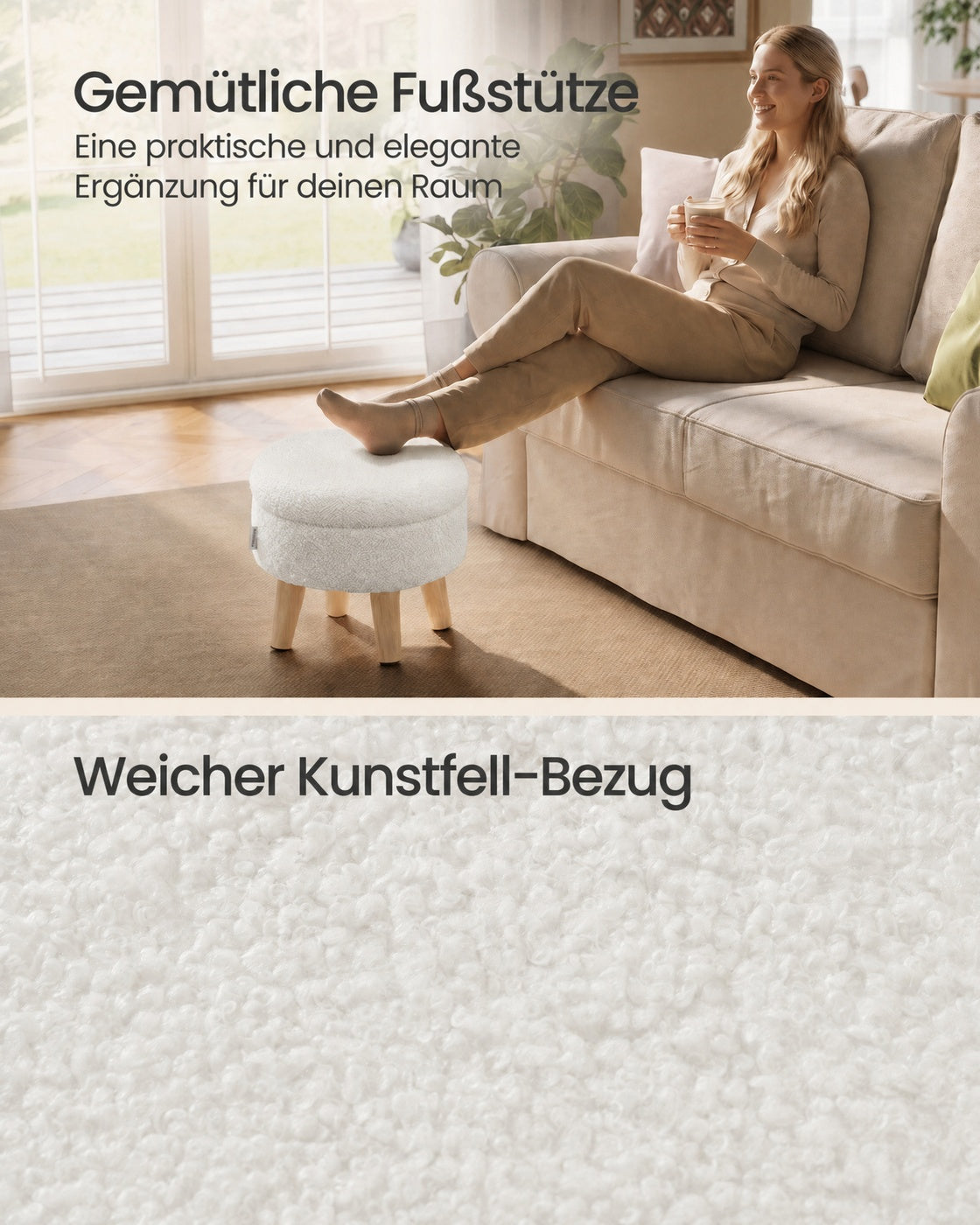 Poef met Opbergruimte – Rond – Teddy – Houten Poten – Crèmewit
