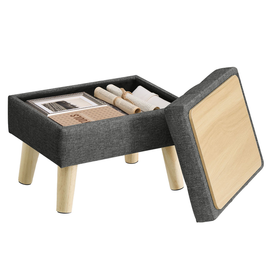 Poef met Opbergruimte – Rechthoekig – Linnenlook – Houten Poten – Grijs