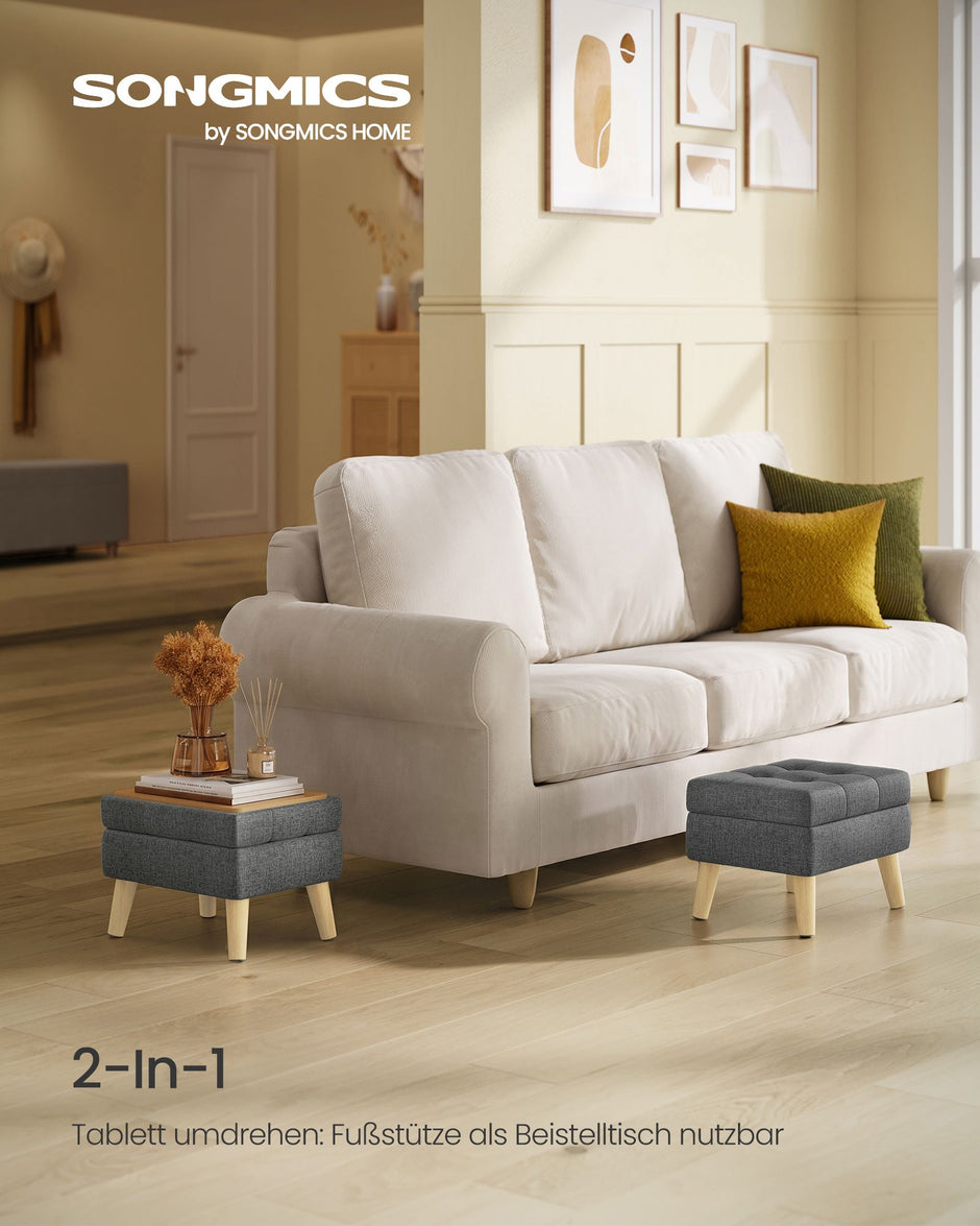 Poef met Opbergruimte – Rechthoekig – Linnenlook – Houten Poten – Grijs